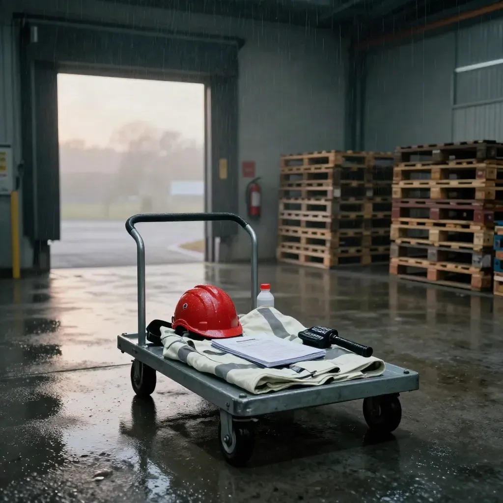 Wet loading bay trolley with safety kit, dawn haze, and stacked pallets.