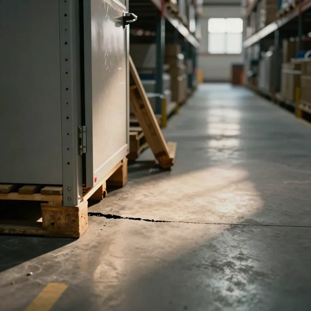 Floor-level warehouse aisle with a cracked seam, leaning pallet, open guard and warm light.