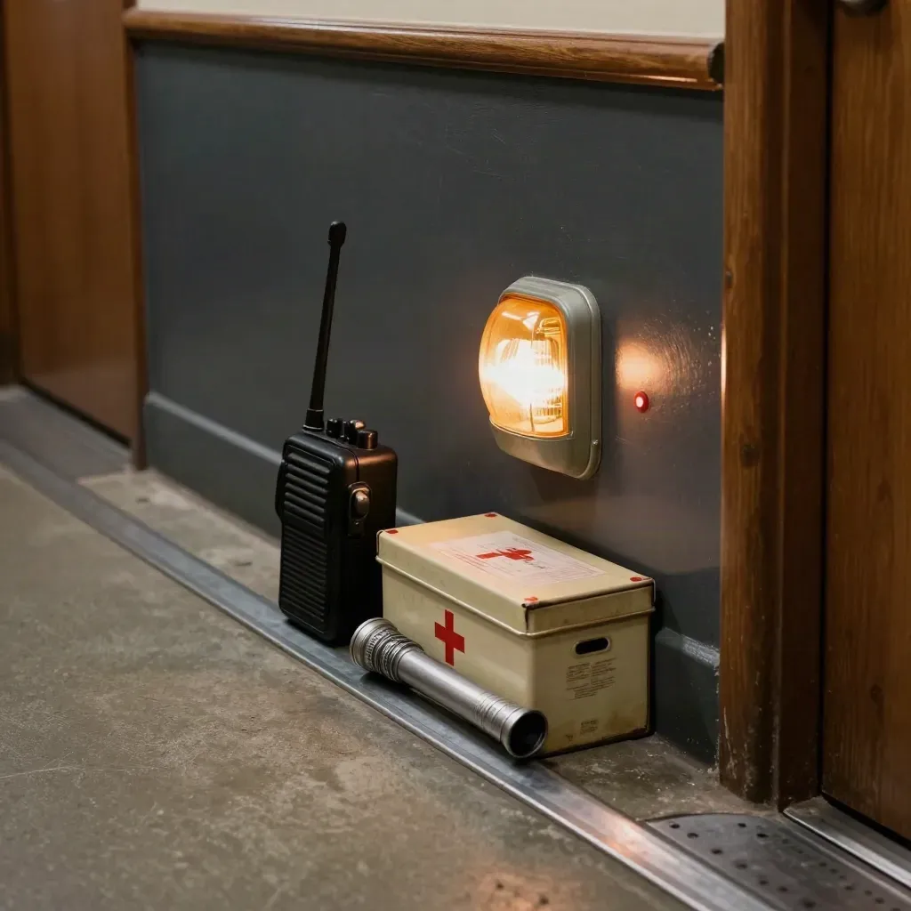 Quiet corridor response station with radio, torch, first-aid tin and sealed box under emergency light.