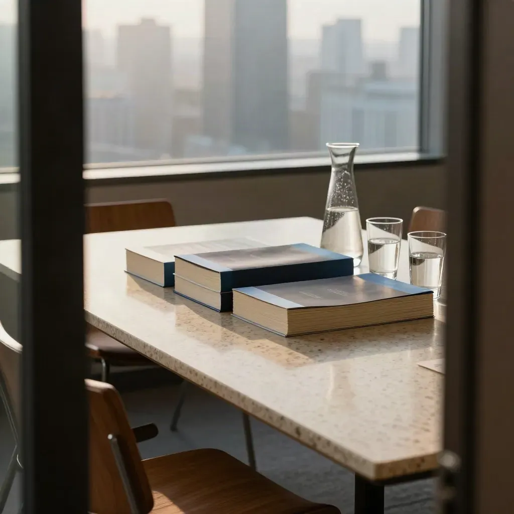 Dawn boardroom with three muted risk packs, water glasses and frosted city light