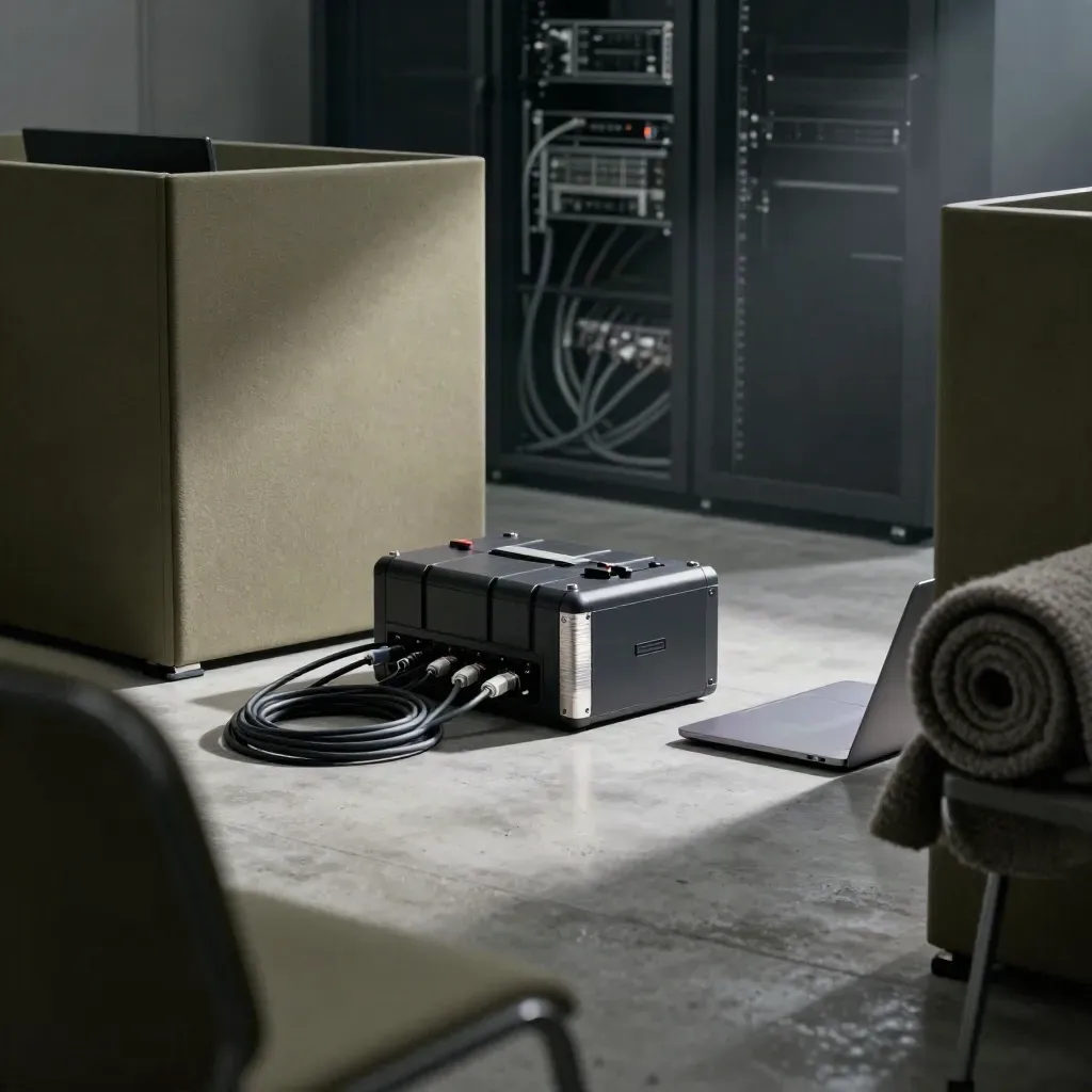 Quiet backup operations room with laptop, cables, battery pack and blanket on chair