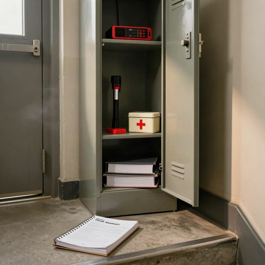 Low-angle stairwell locker with radio, torch, first-aid tin, wedge and binder beside a side exit.