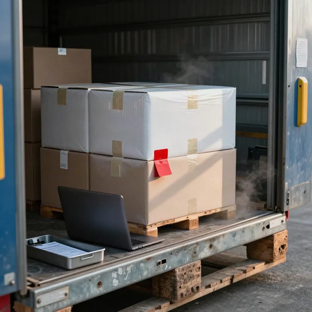 Warehouse dock office still life with cartons, closed laptop and clip tray in warm light