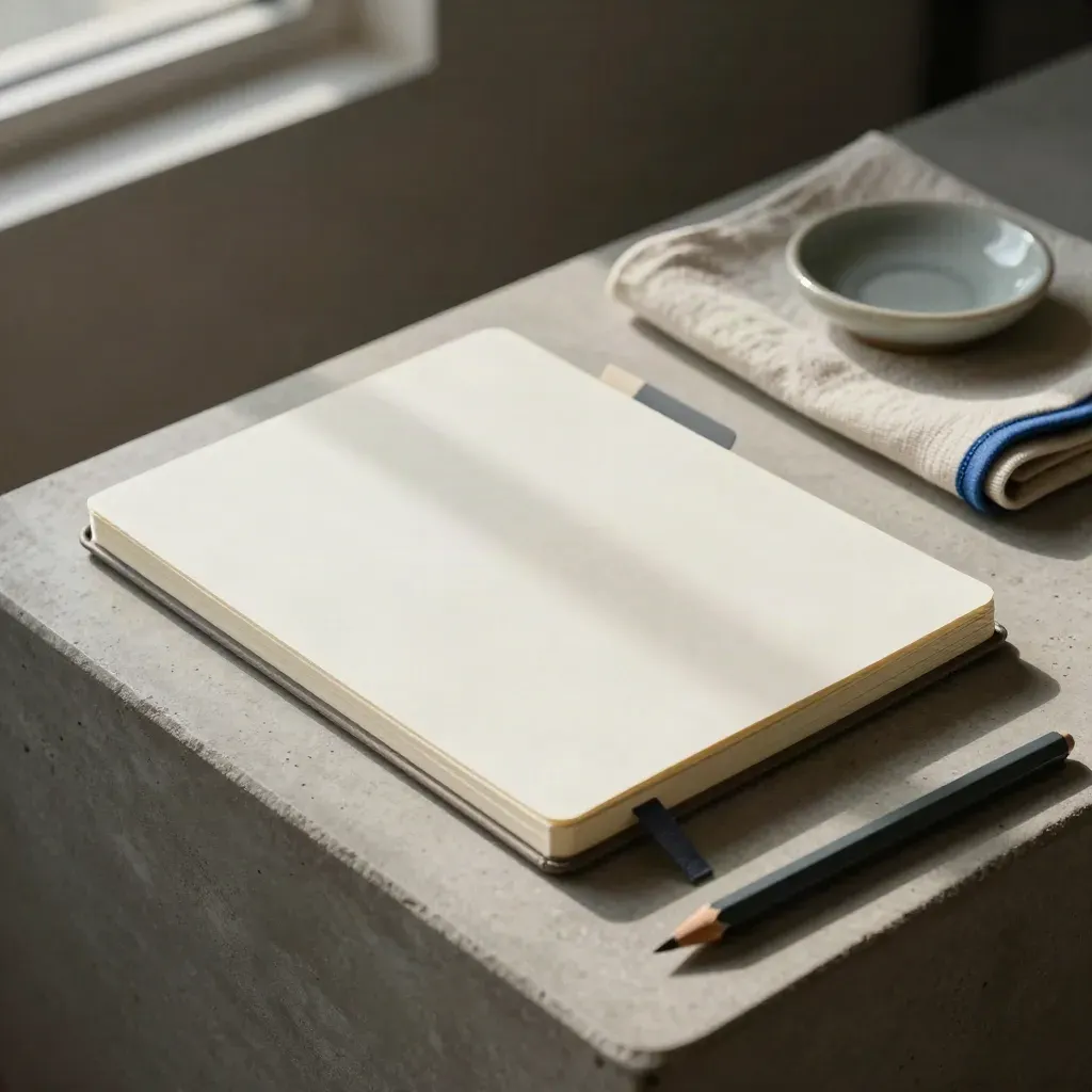 Cream compliance notebook, pencil stub, folded cloth and glazed dish on a stone tray in soft light.
