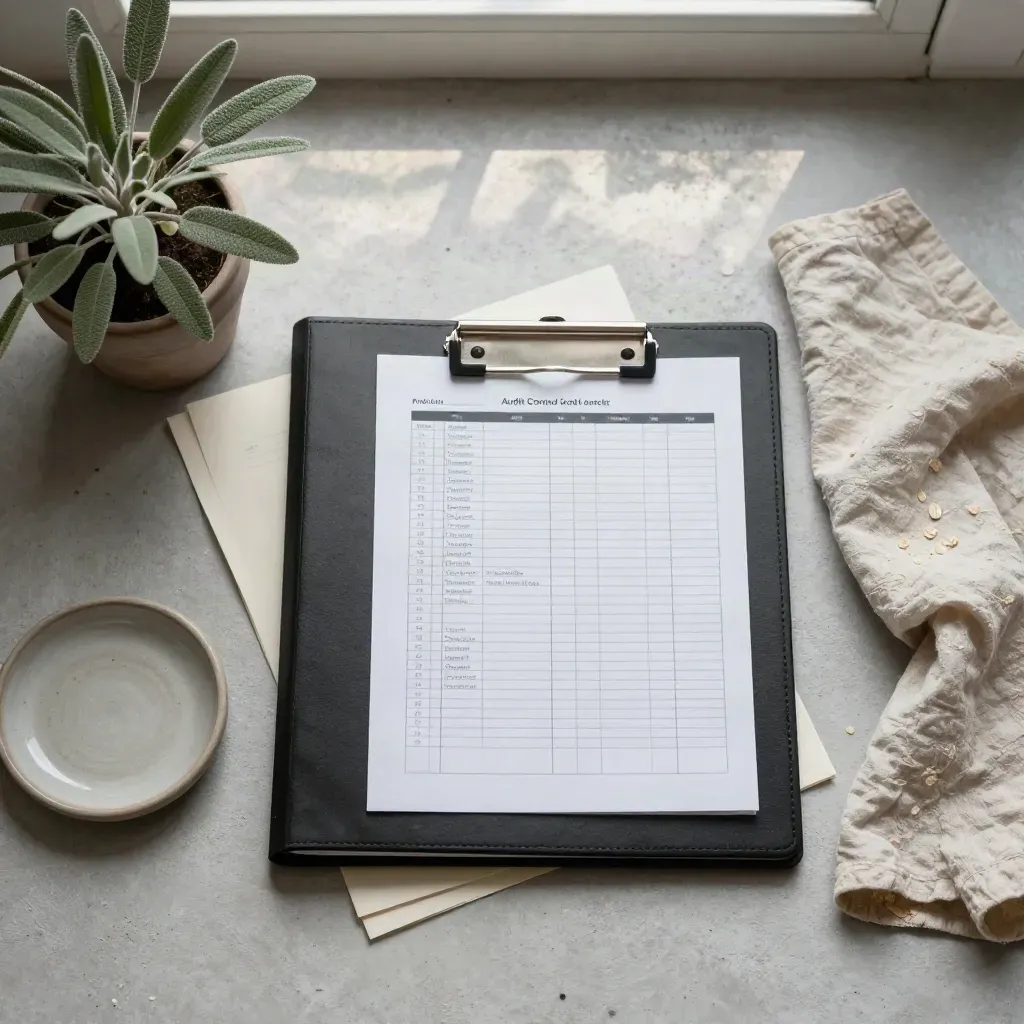 Overhead control binder, plant, linen cloth and dish on stone with soft window light.