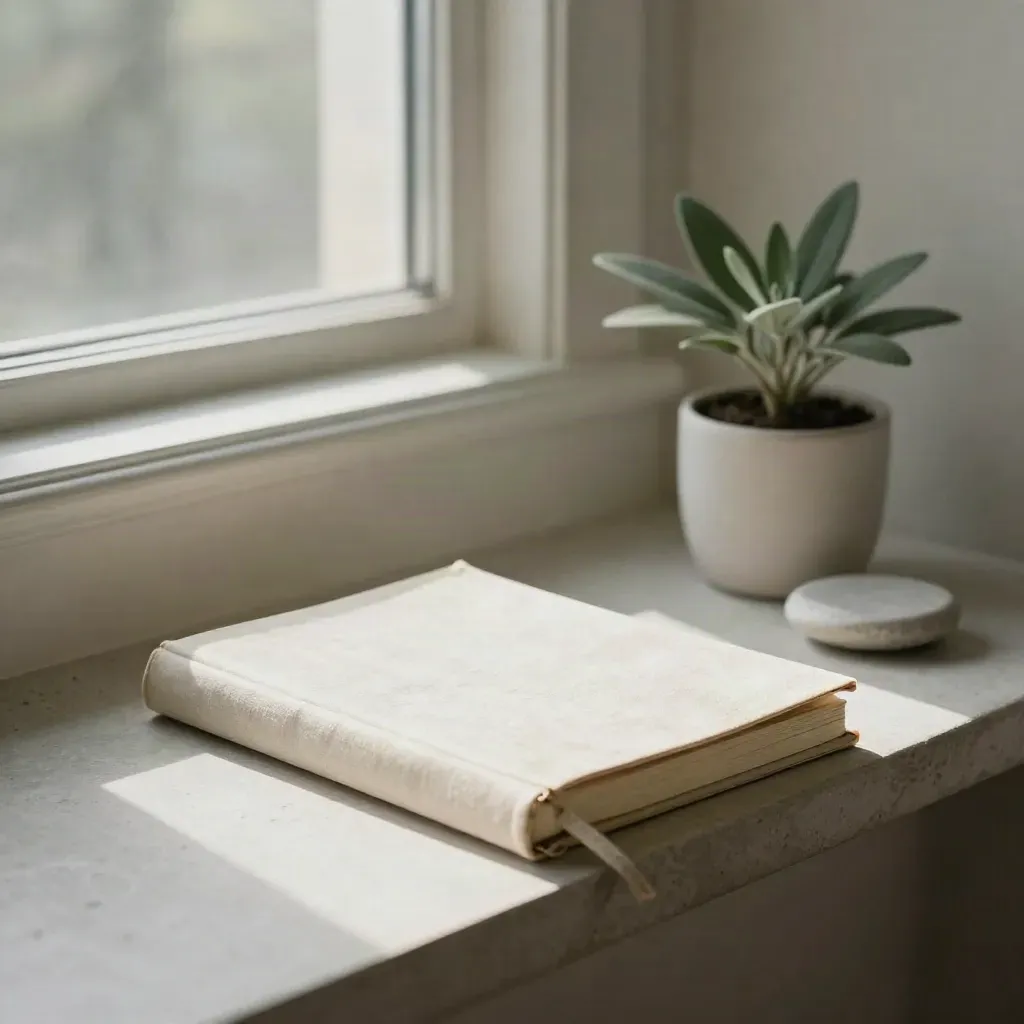 Pale notebook, tiny plant and stone dish on a quiet plaster shelf in soft window light.